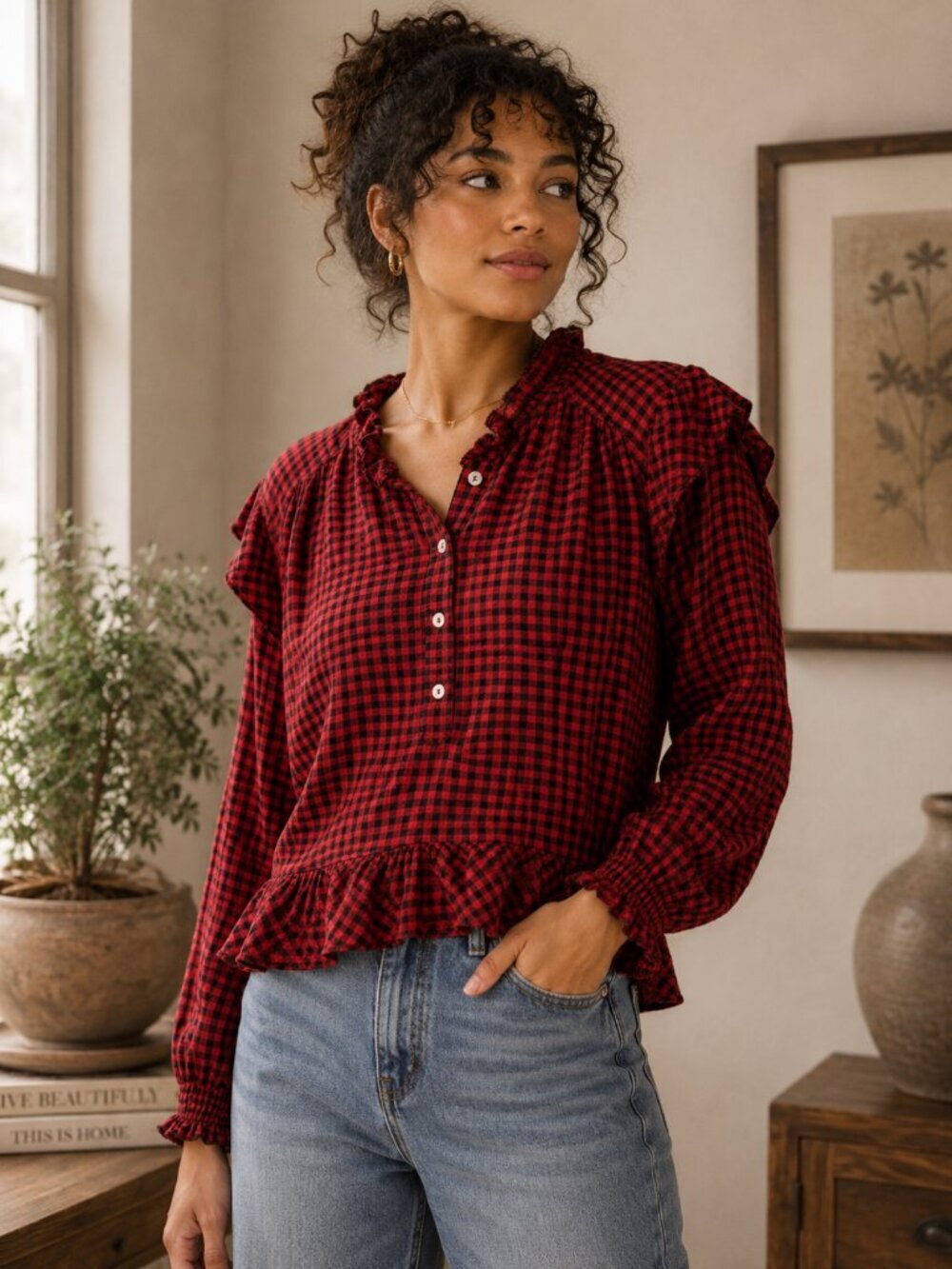 Faherty Sandia Blouse – Red & Black Gingham – Ruffle Detail – Size Large